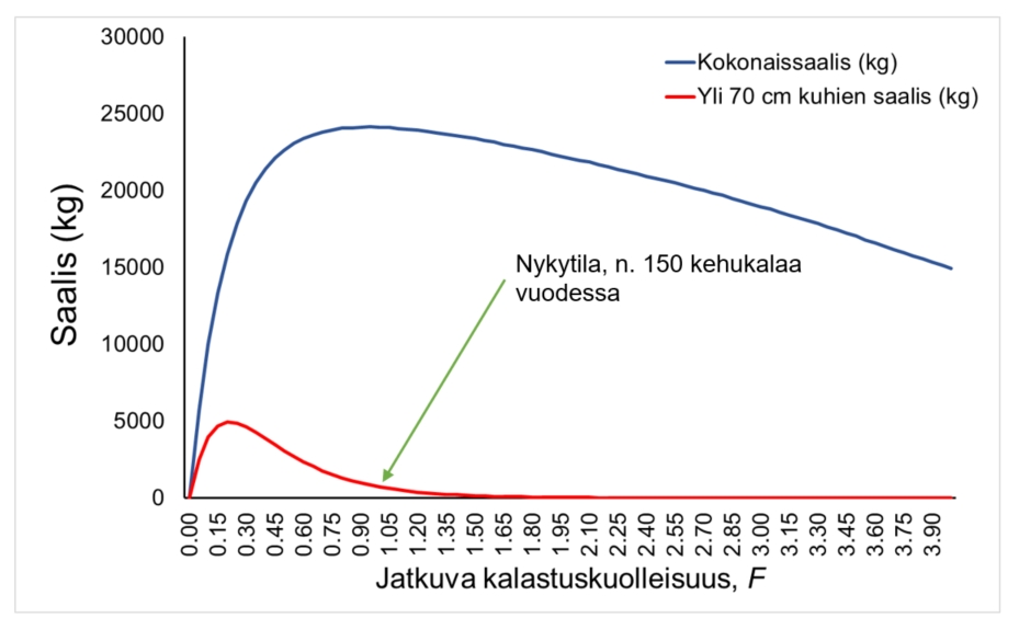 Kuva 1. Teoreettinen esimerkki Lahden Vesijärven kuhasaaliin määrästä ja yli 70 cm kuhien saaliista suhteessa kalastuskuolleisuuteen, kun käytetään 42 cm alamittaa. Kuva perustuu Vainikan ym. (2017) kuhamalliin.